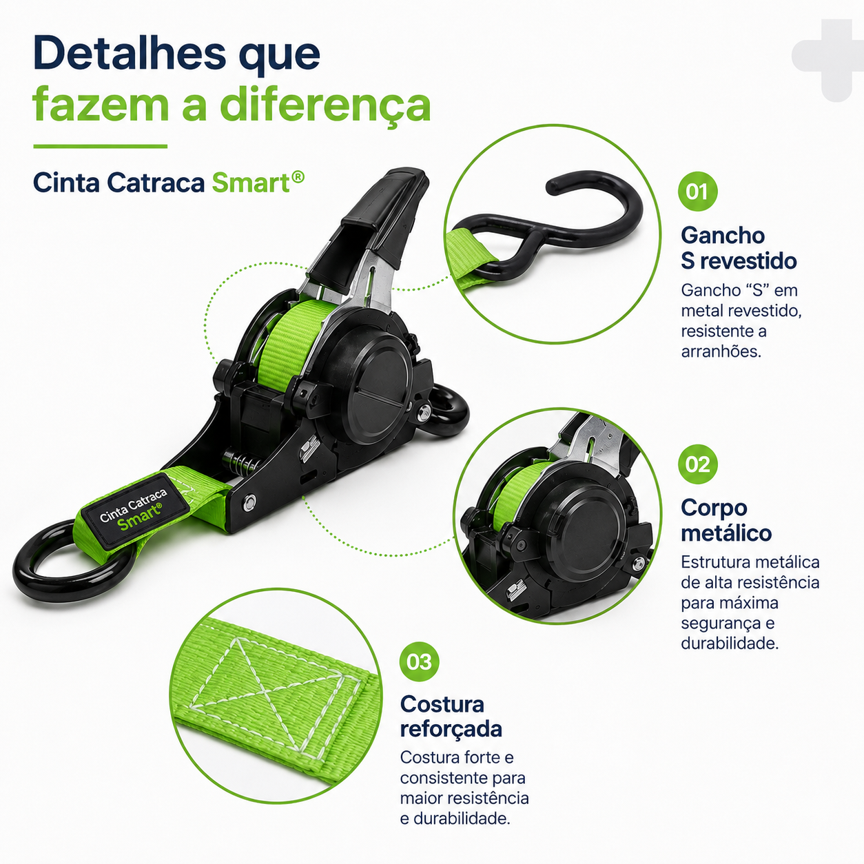 Detalhes da Cinta Catraca Smart®: gancho S revestido, corpo metálico e costura reforçada